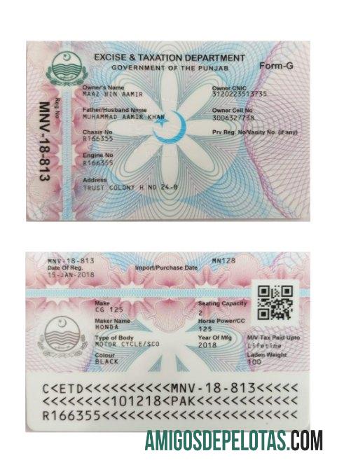 India Vehicle Registration Card amostra